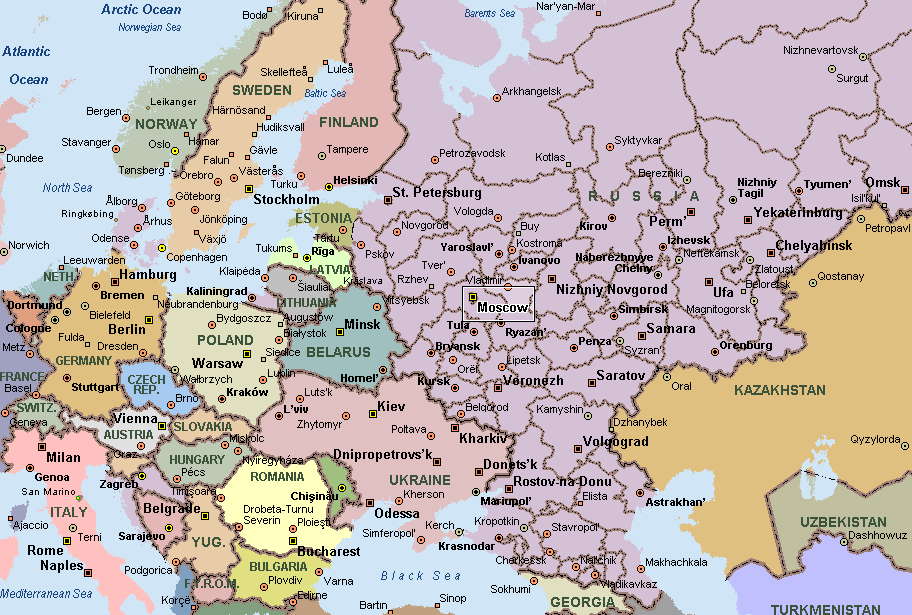 russia on map of europe