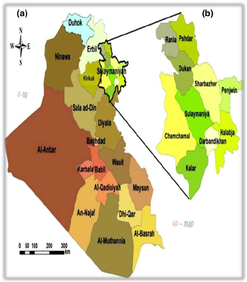 Map of Iraq b Map of the Sulaymaniyah province where the filed study was